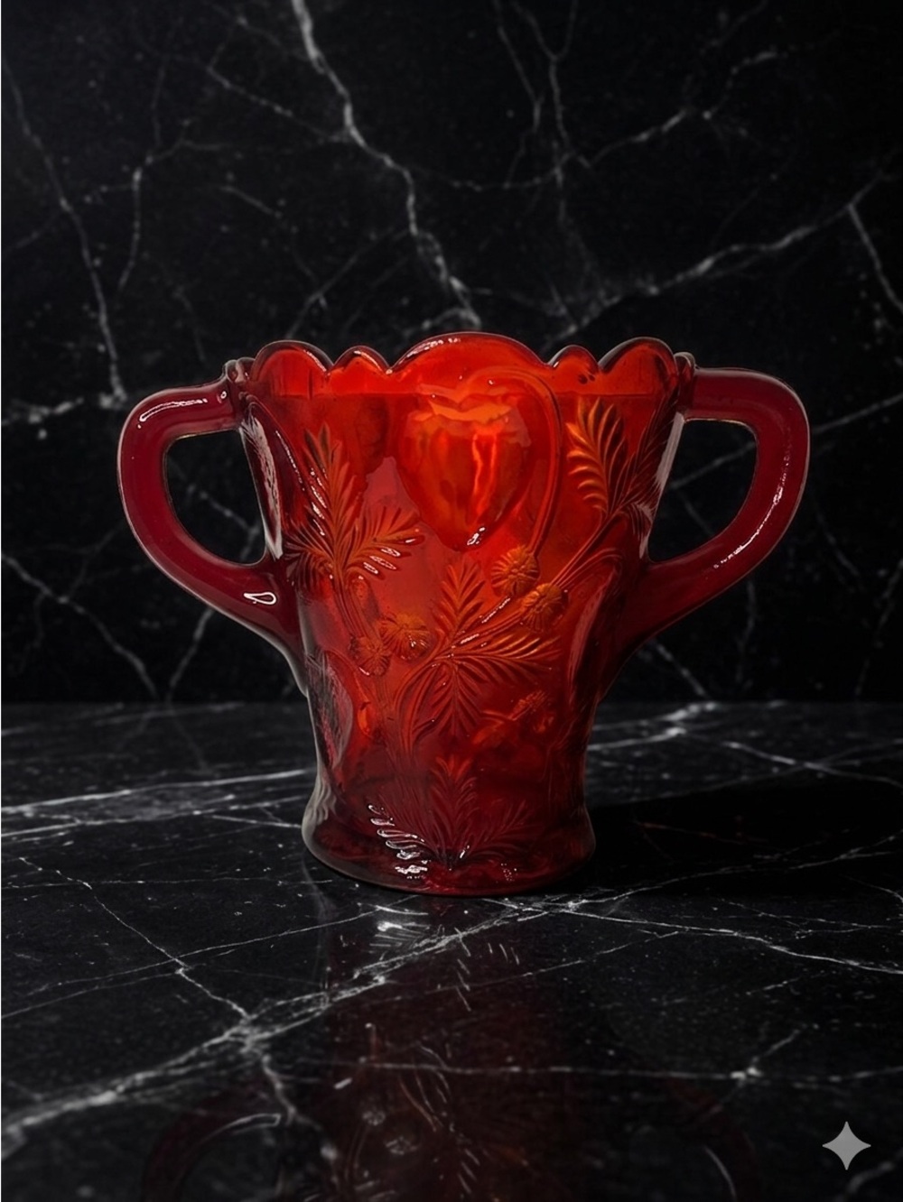 Mosser Vintage Inverted Strawberry Spooner Red Glass, 5" Tall, Two Handle